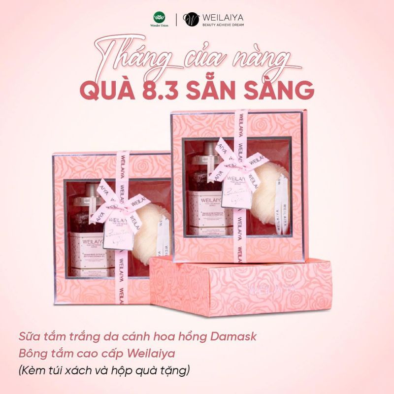 Hộp quà Pink Rose gồm Sữa tắm Hoa Hồng và Bông tắm Weilaiya